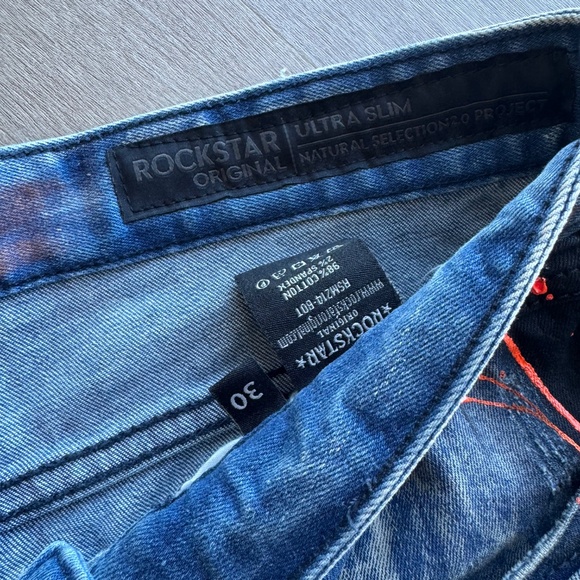 Men's Distressed Blue and Orange Skinny Jeans - Picture 5 of 8